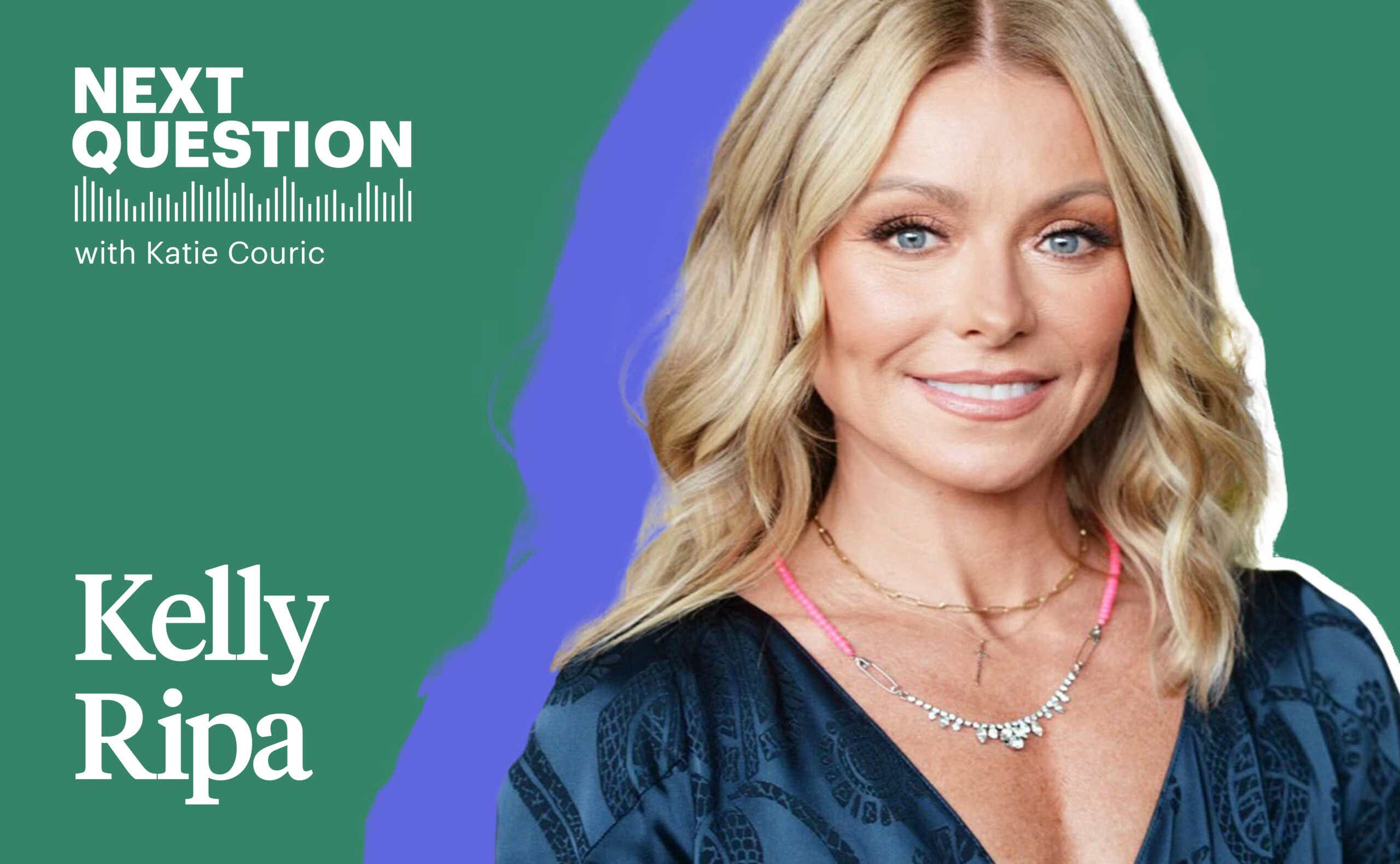 A close up image of Kelly Ripa smiling lightly is collaged atop a green and purple background.