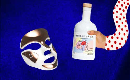 face mask and arm holding olive oil bottle