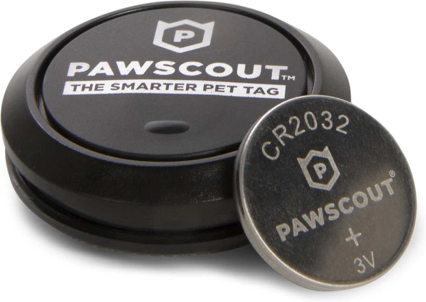 A close up shot of a black pet tag that features a tracking device.