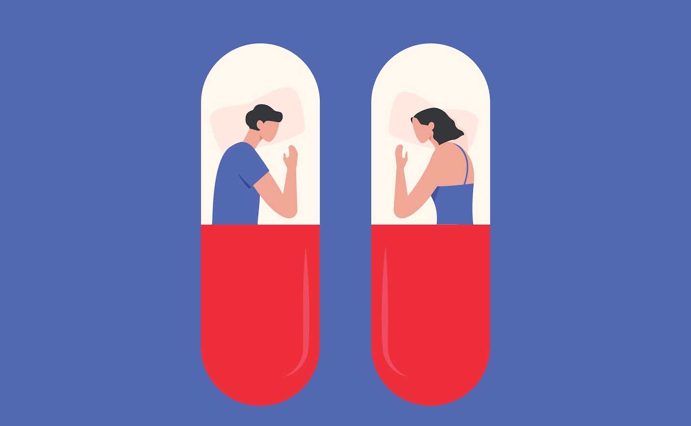 illustration of two people sleeping inside pills