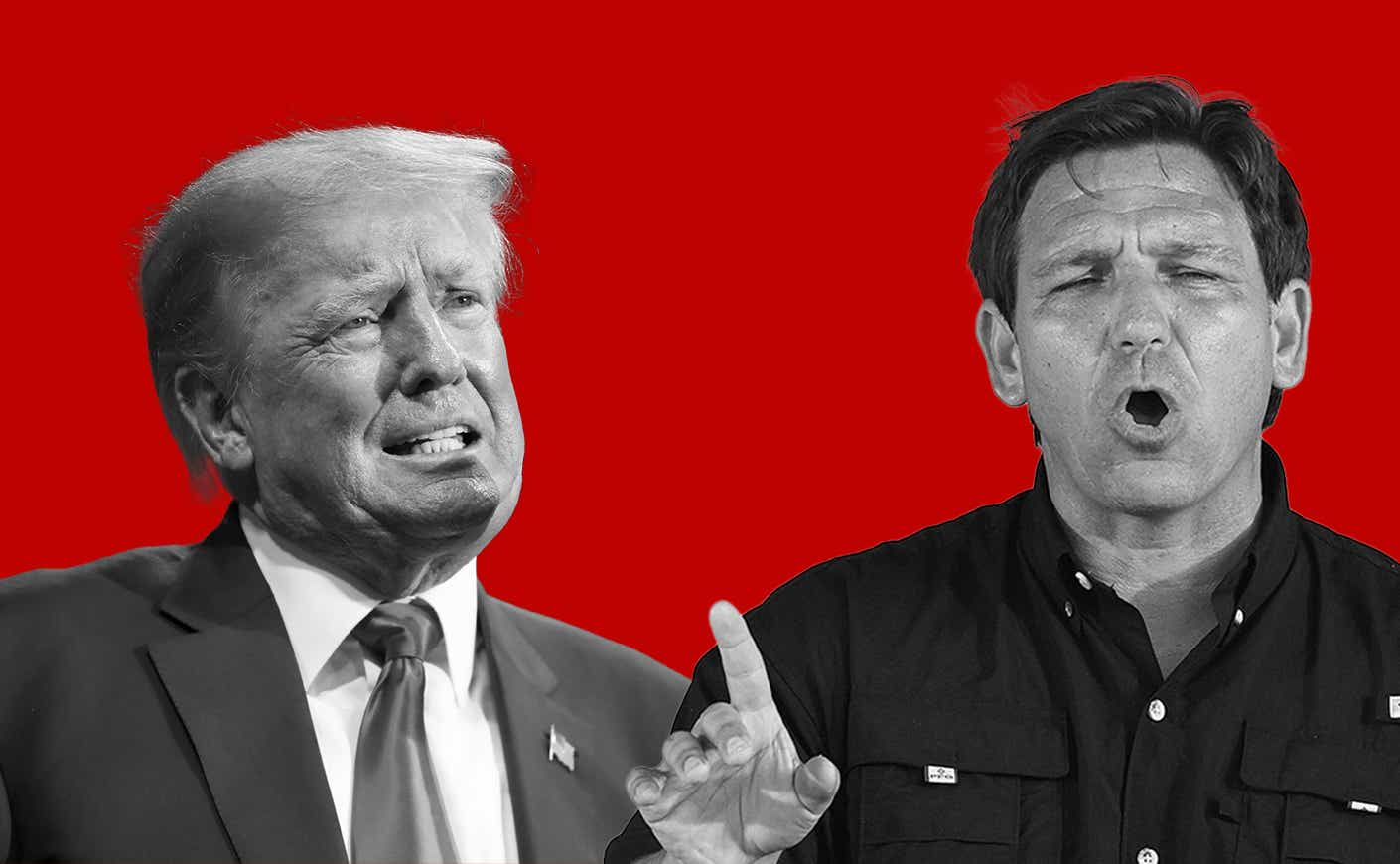 Black-and-white images of Donald Trump and Ron DeSantis over red background