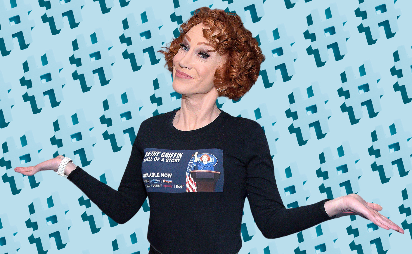 kathy griffin against a blue background of hashtags