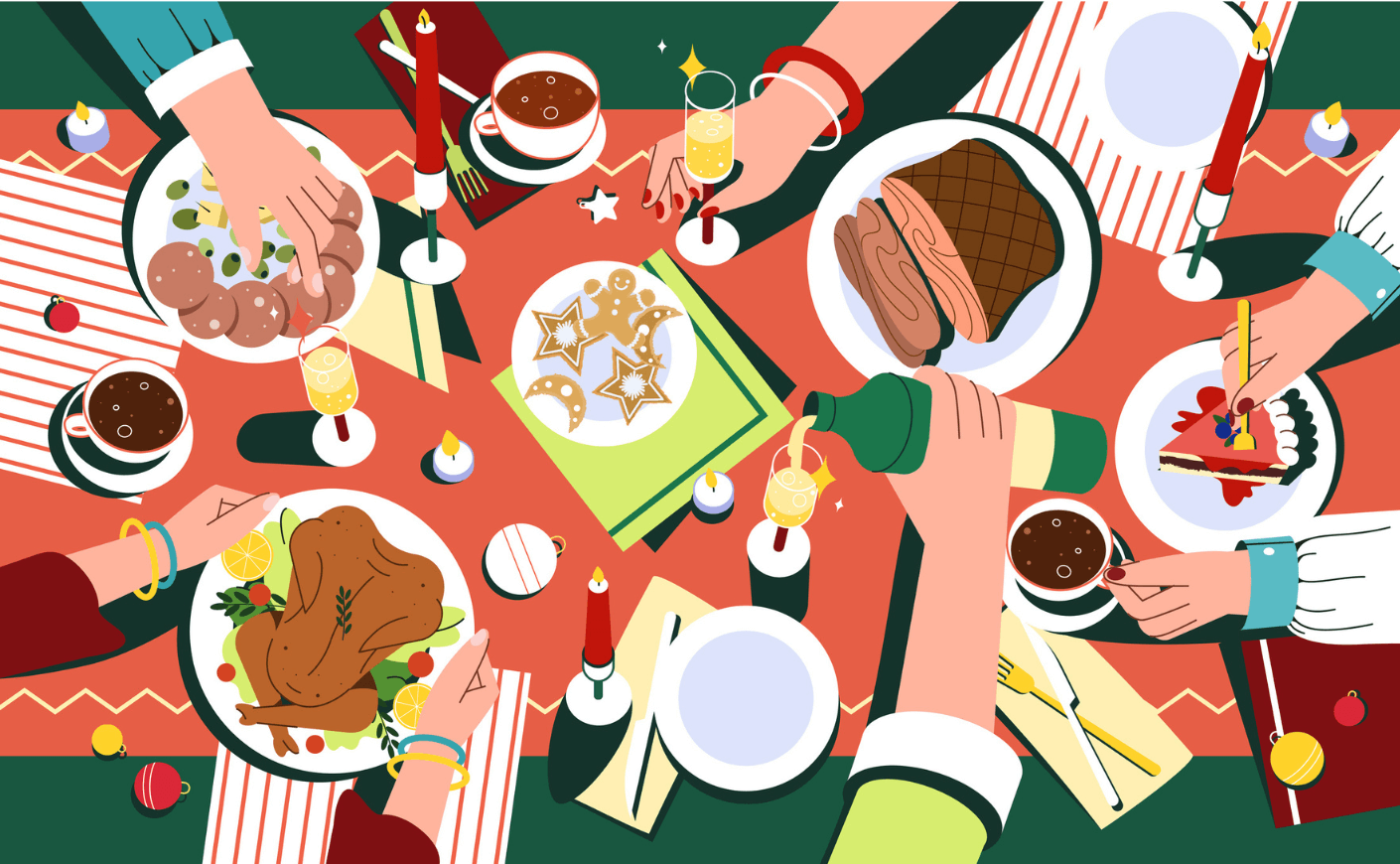 illustration of hands around holiday table