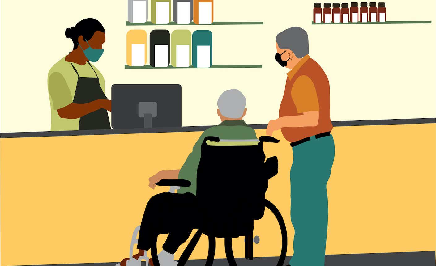 Illustration of man in wheelchair at pharmacy
