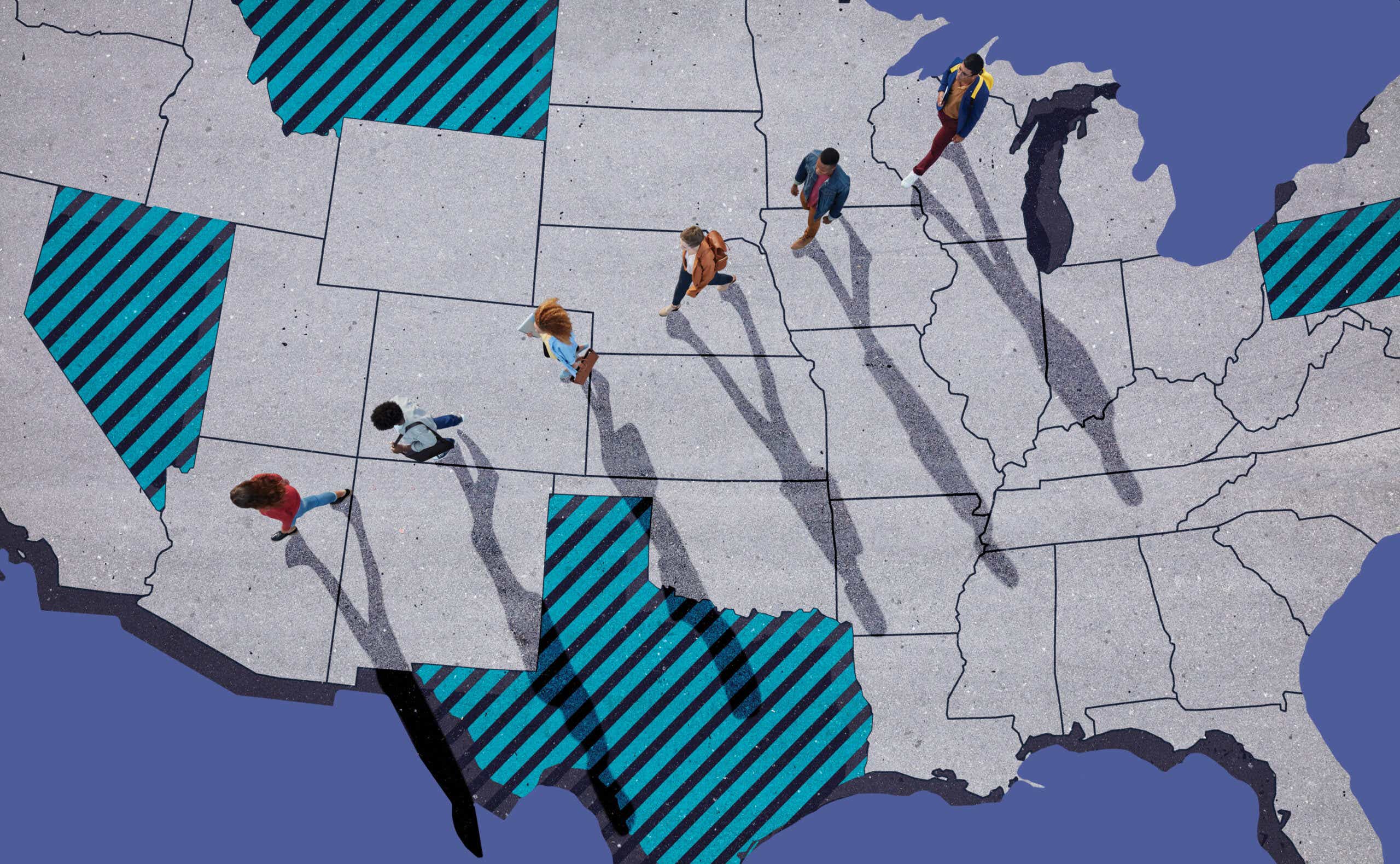 people walking across a map of the US