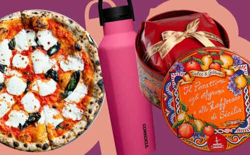 collage of pizza, water bottle, and cake