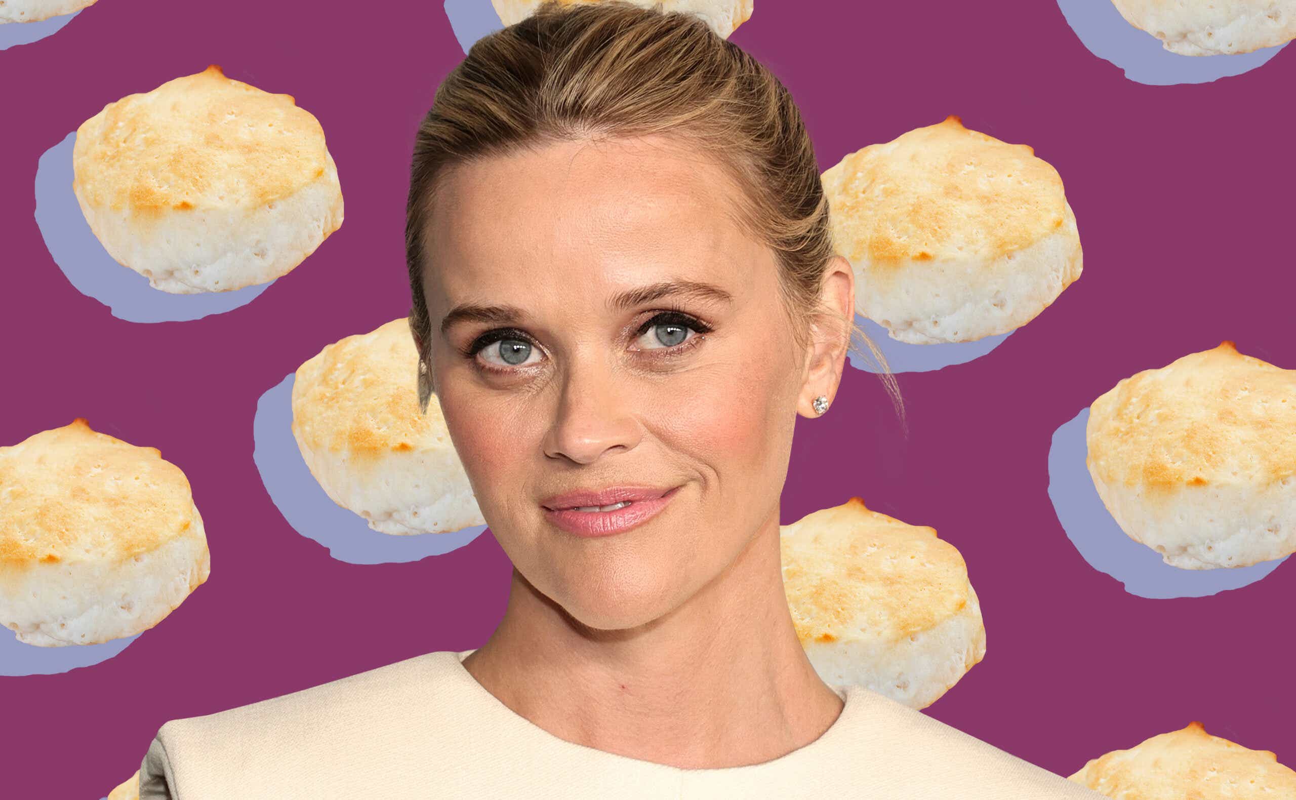 reese witherspoon against a collage of biscuits