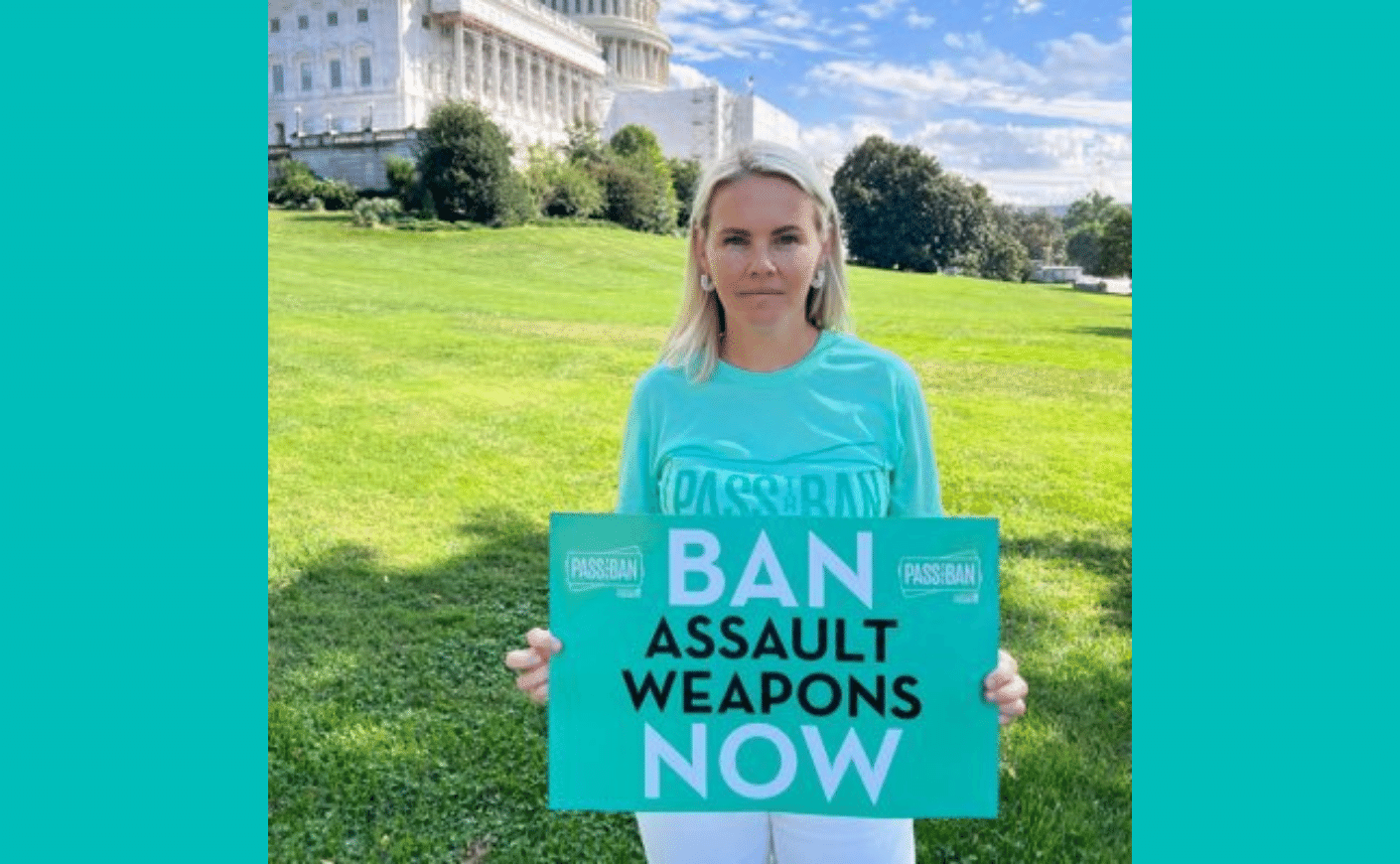 kitty brandtner stands in front of the capitol with a sign that says "ban assault weapons now"