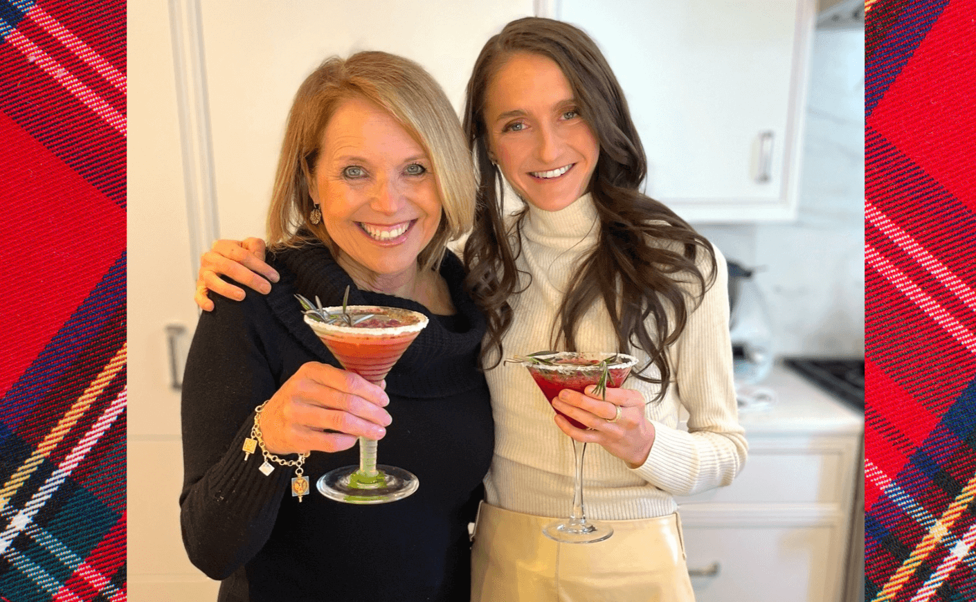 Katie Couric with the founder of Half-Baked Harvest, holding cocktails