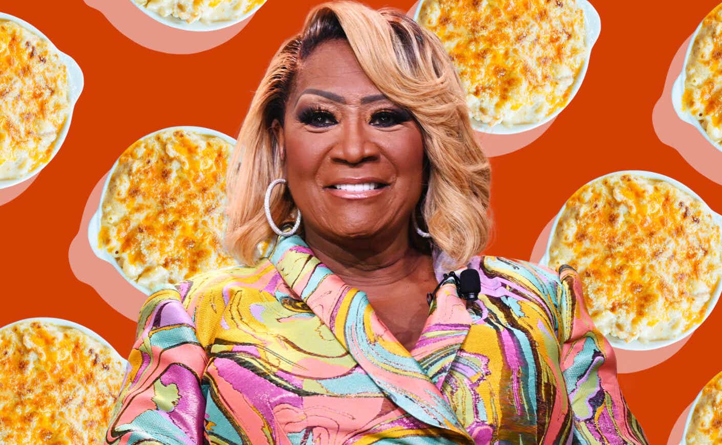Patti LaBelle is shown in front of collaged images of mac n cheese