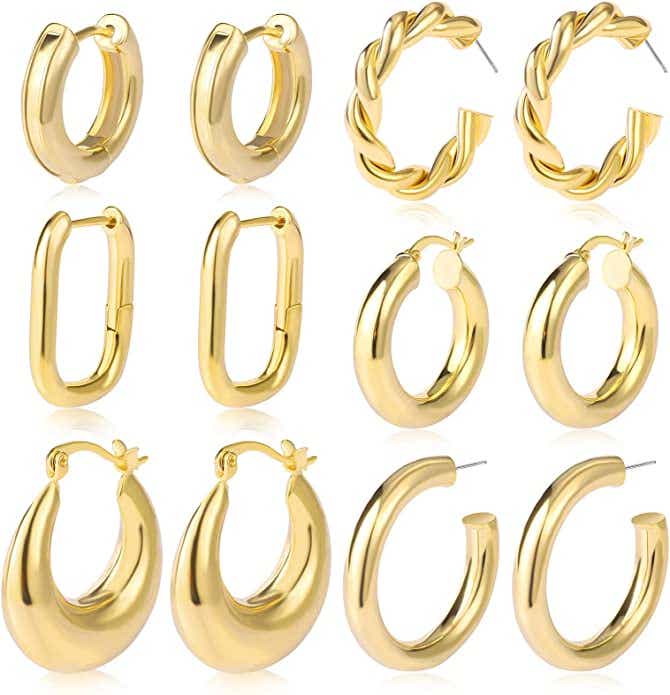 ​​6 Pairs Gold Chunky Hoop Earrings Set for Women Hypoallergenic Thick Open Twisted Huggie Hoop Jewelry for Birthday/Christmas Gifts