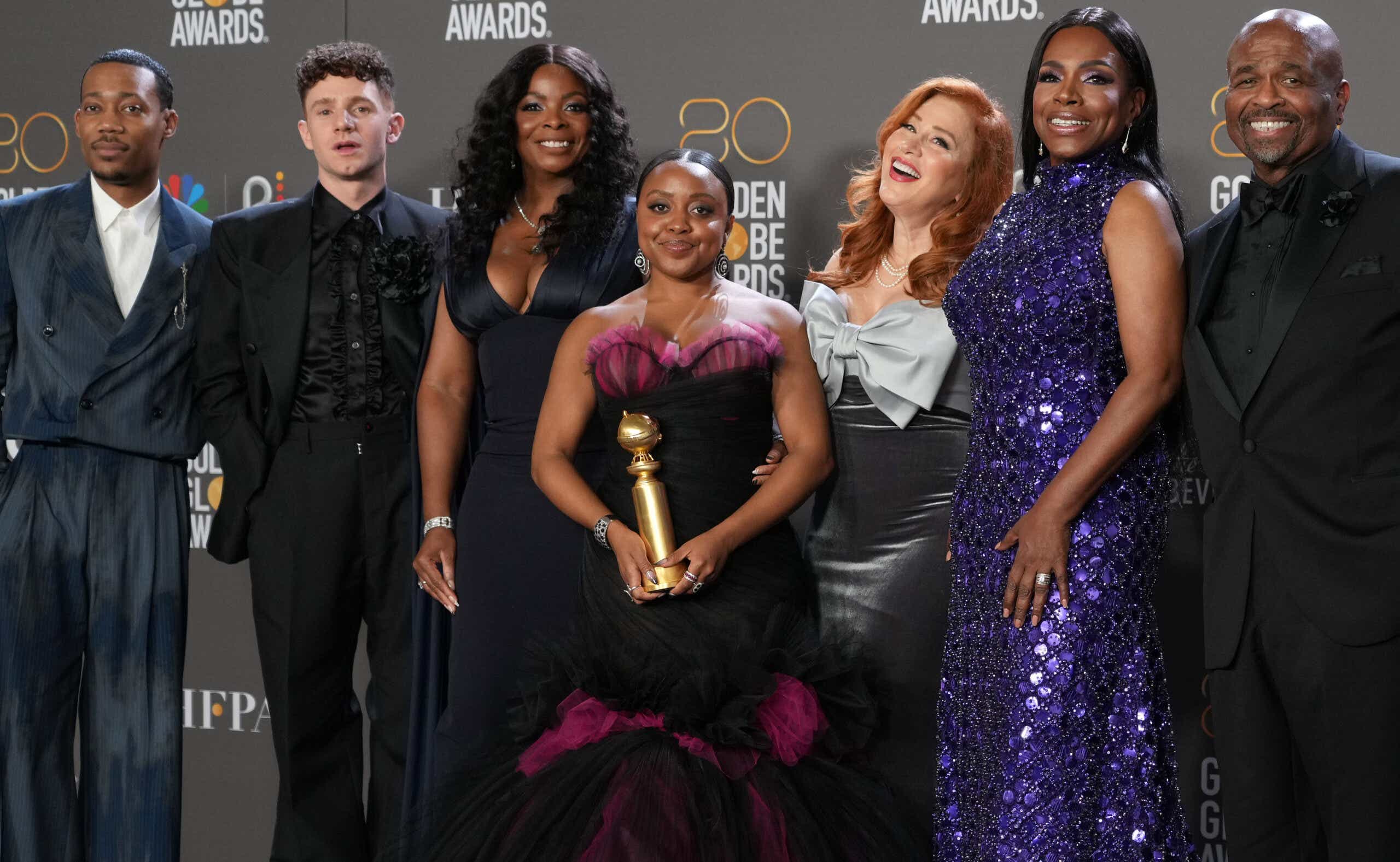(L-R) Tyler James Williams, Chris Perfetti, Janelle James, Quinta Brunson, Lisa Ann Walter, Sheryl Lee Ralph, and William Stanford Davis, winners of Best Musical/Comedy Series for "Abbott Elementary", pose in the press room