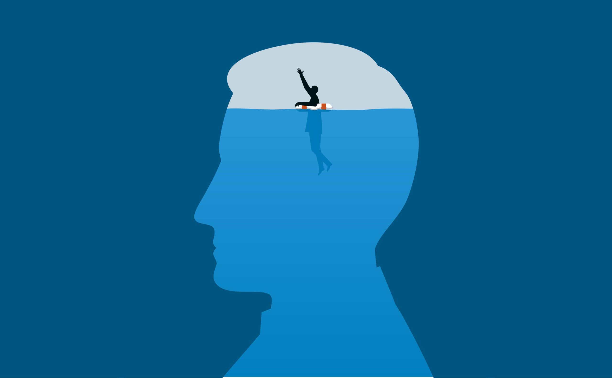 illustration of a man who's drowning inside his head
