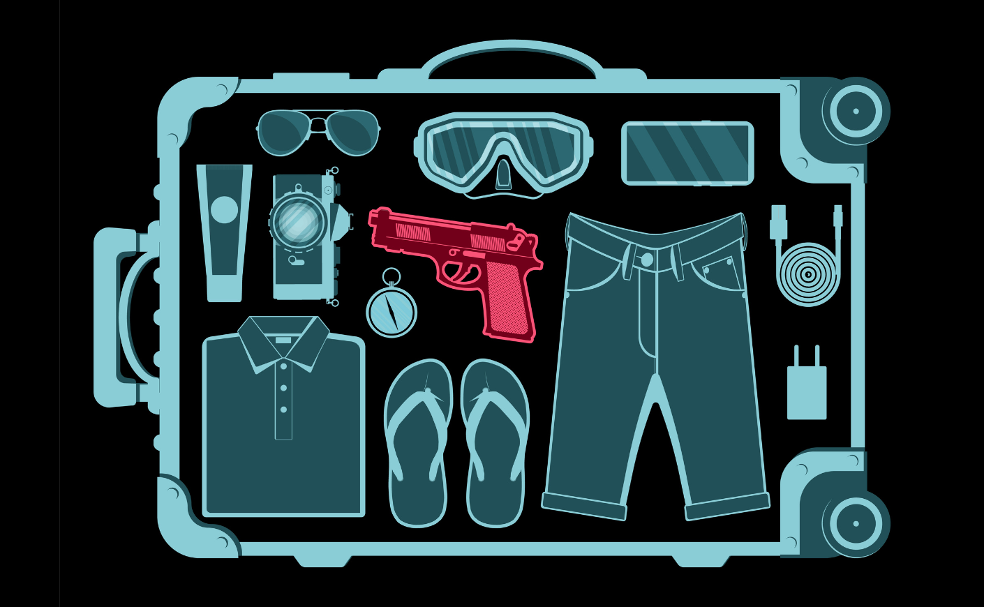 Illustration of a piece of luggage being x-rayed, with a gun inside
