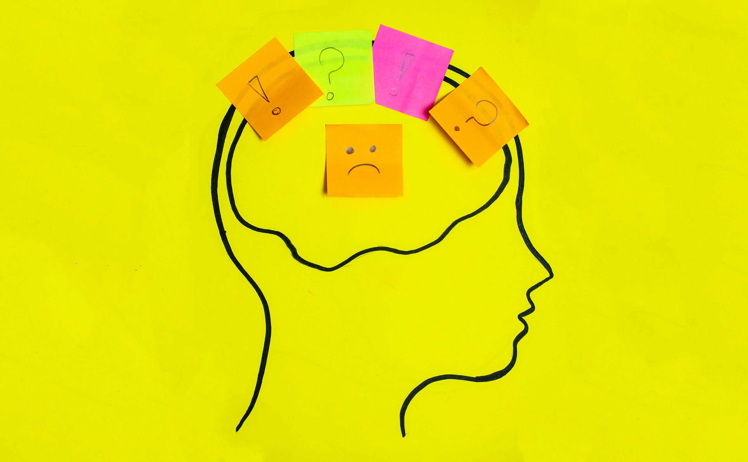 drawing of a brain with post-its on it depicting emotions