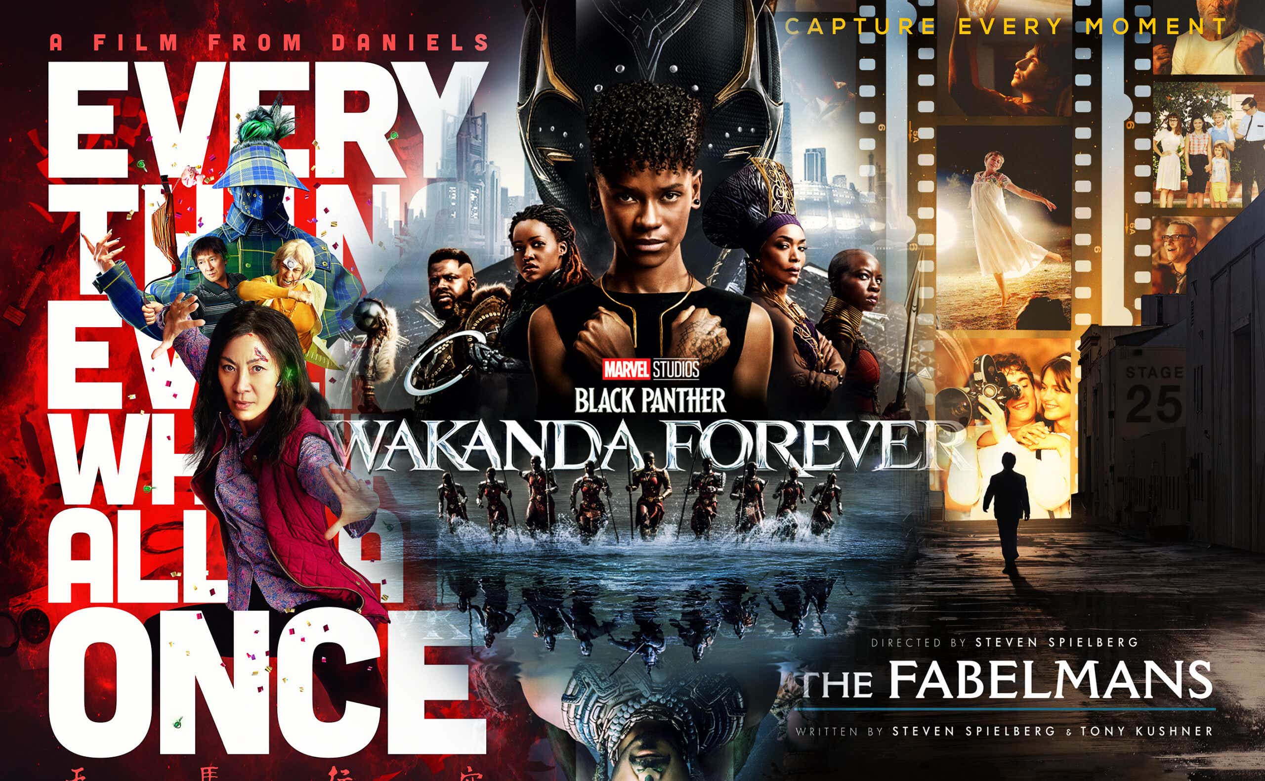 movie posters for everything everywhere all at once, black panther, and the fabelmans