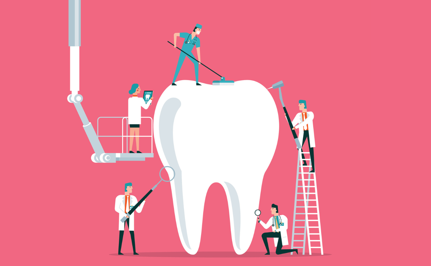 Illustration of dentists cleaning and polishing a giant tooth