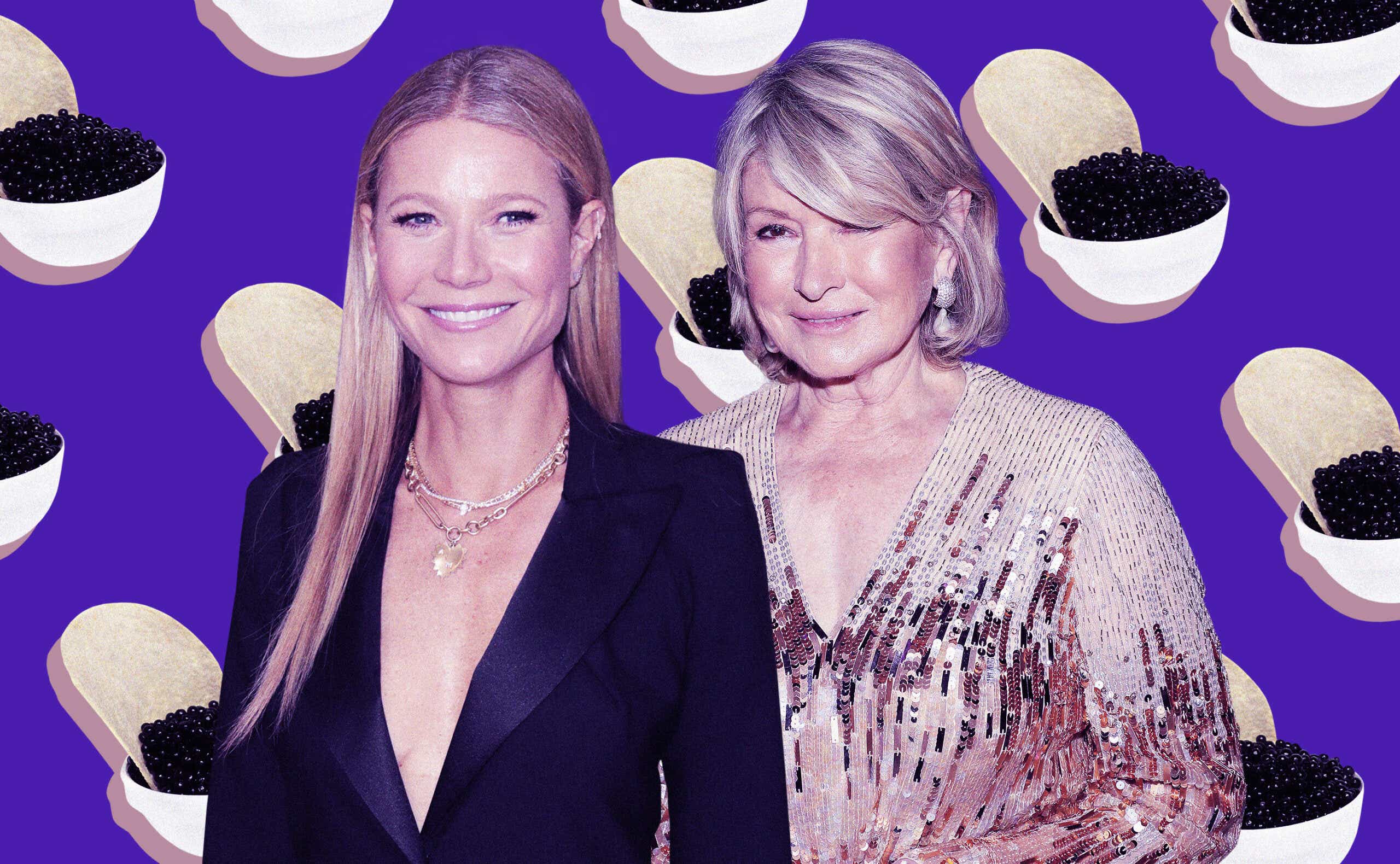 gwyneth paltrow and martha stewart in front of a backdrop of chips and caviar
