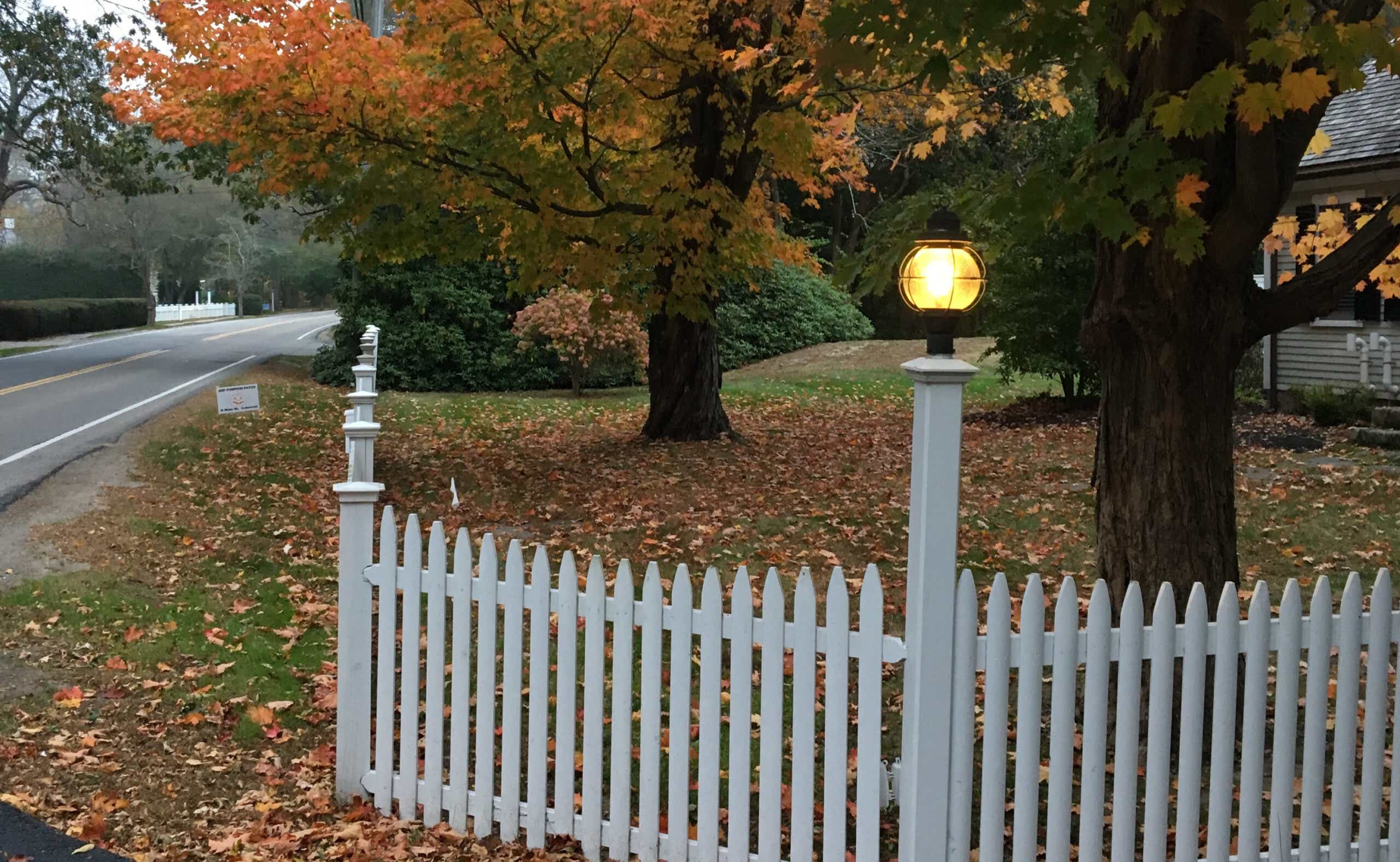 A white picket fence is surrounded by brilliant autumn leaves
