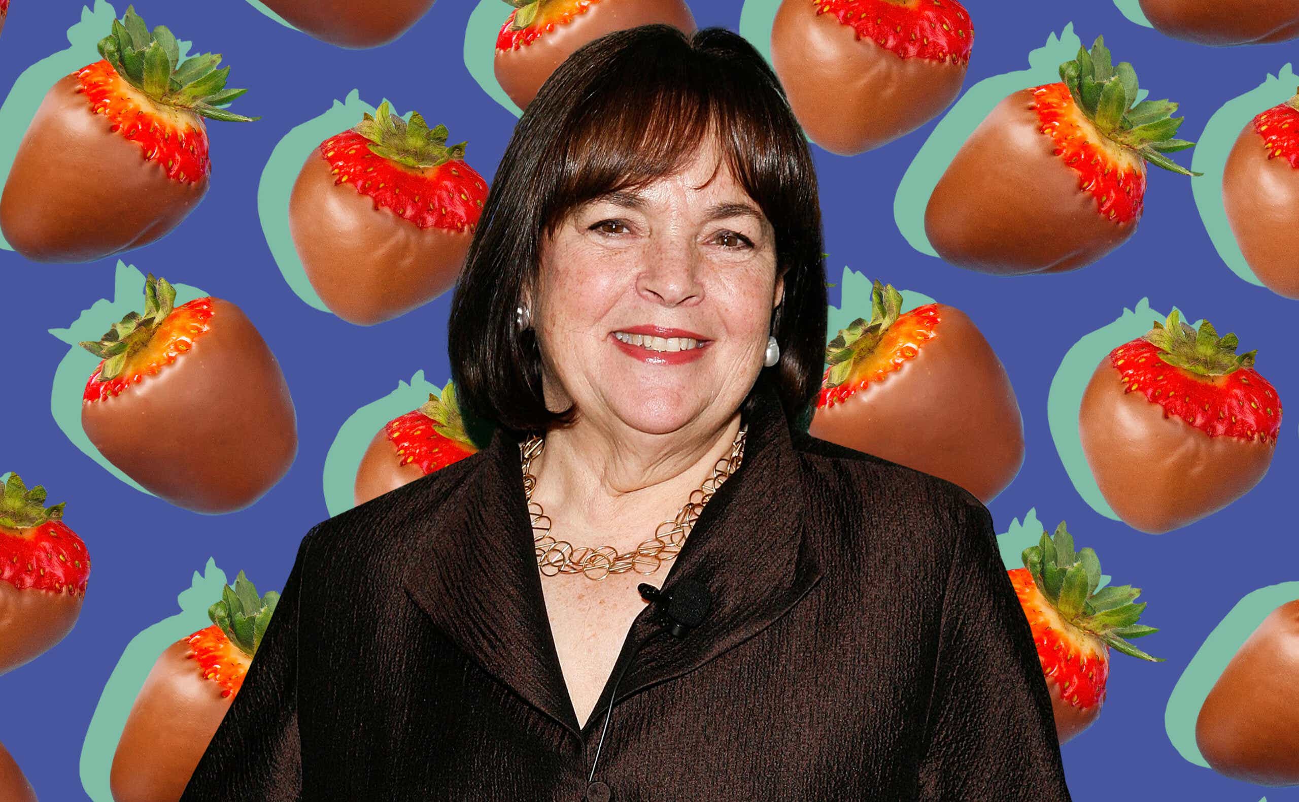 Ina Garten poses as a collage of chocolate strawberries floats behind her.
