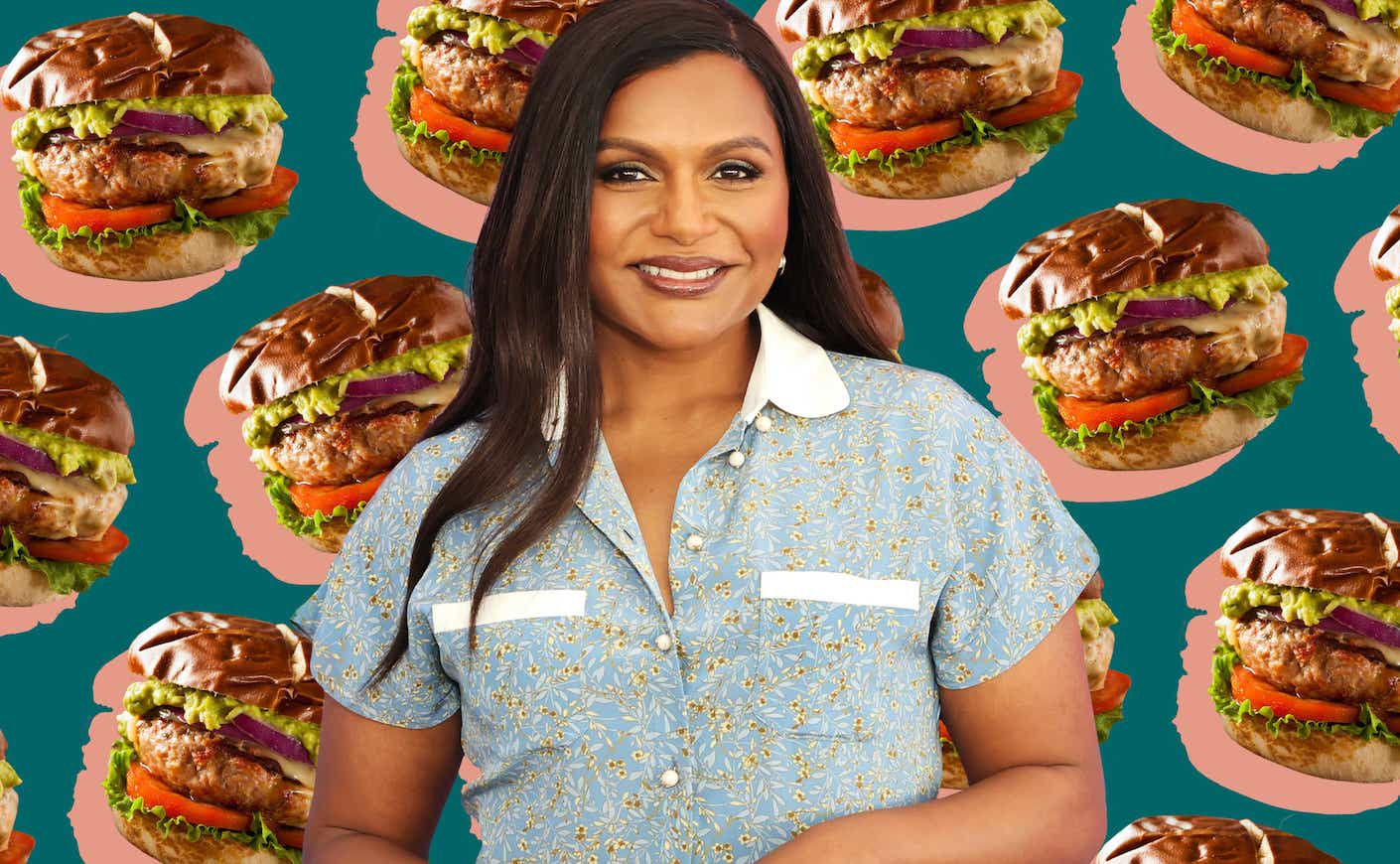 Mindy Kaling smiles as a collage of turkey burgers floats behind her head.
