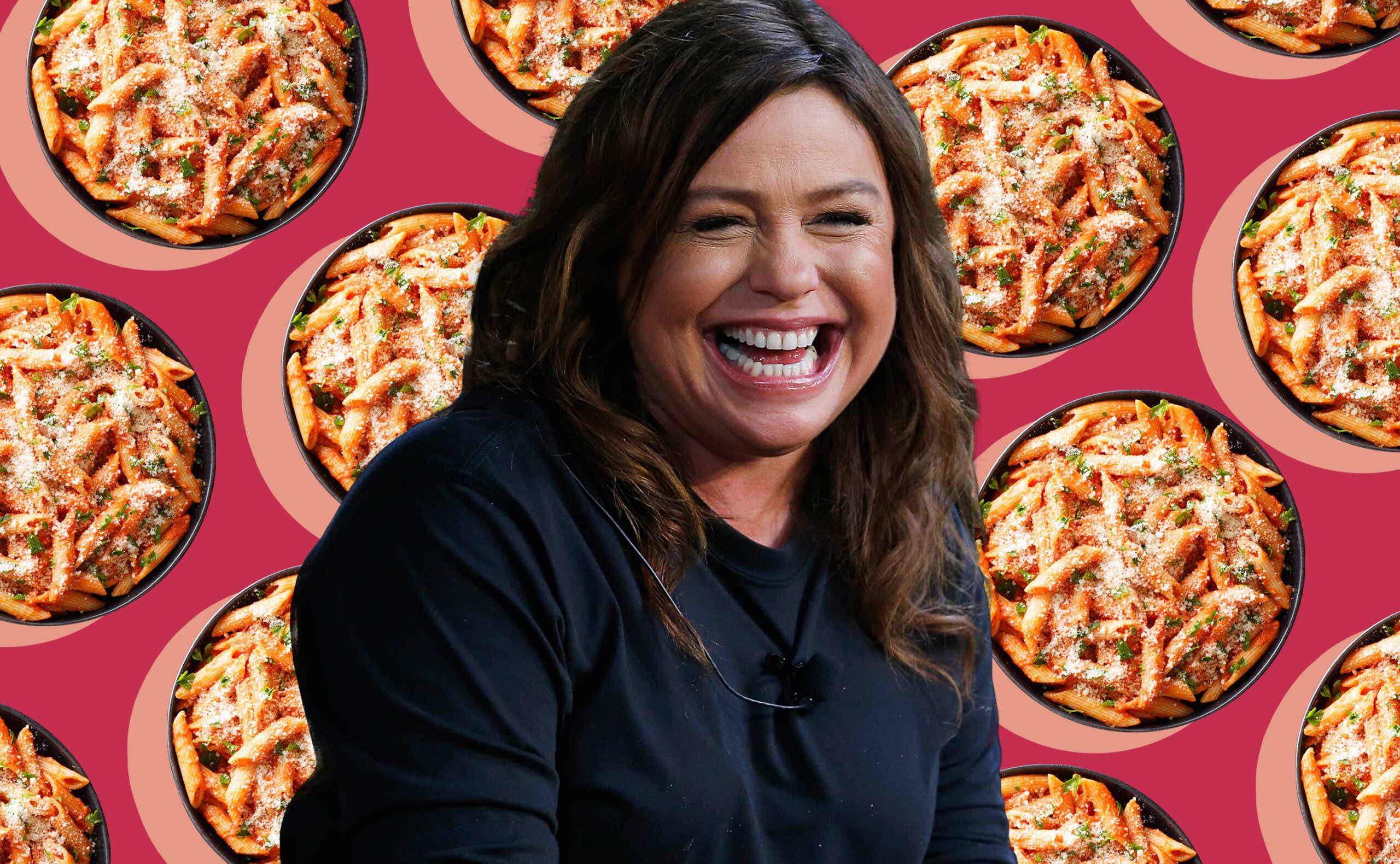 Rachel Ray smiles as pasta bowls float behind her head.