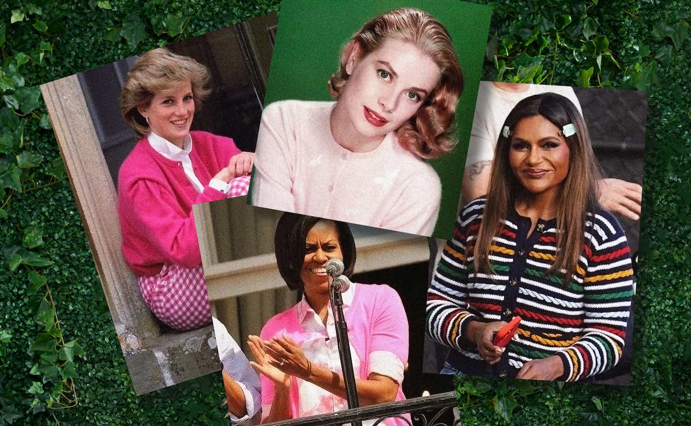 Princess Diana, Grace Kelly, Michelle Obama and Mindy Kaling wearing cardigans