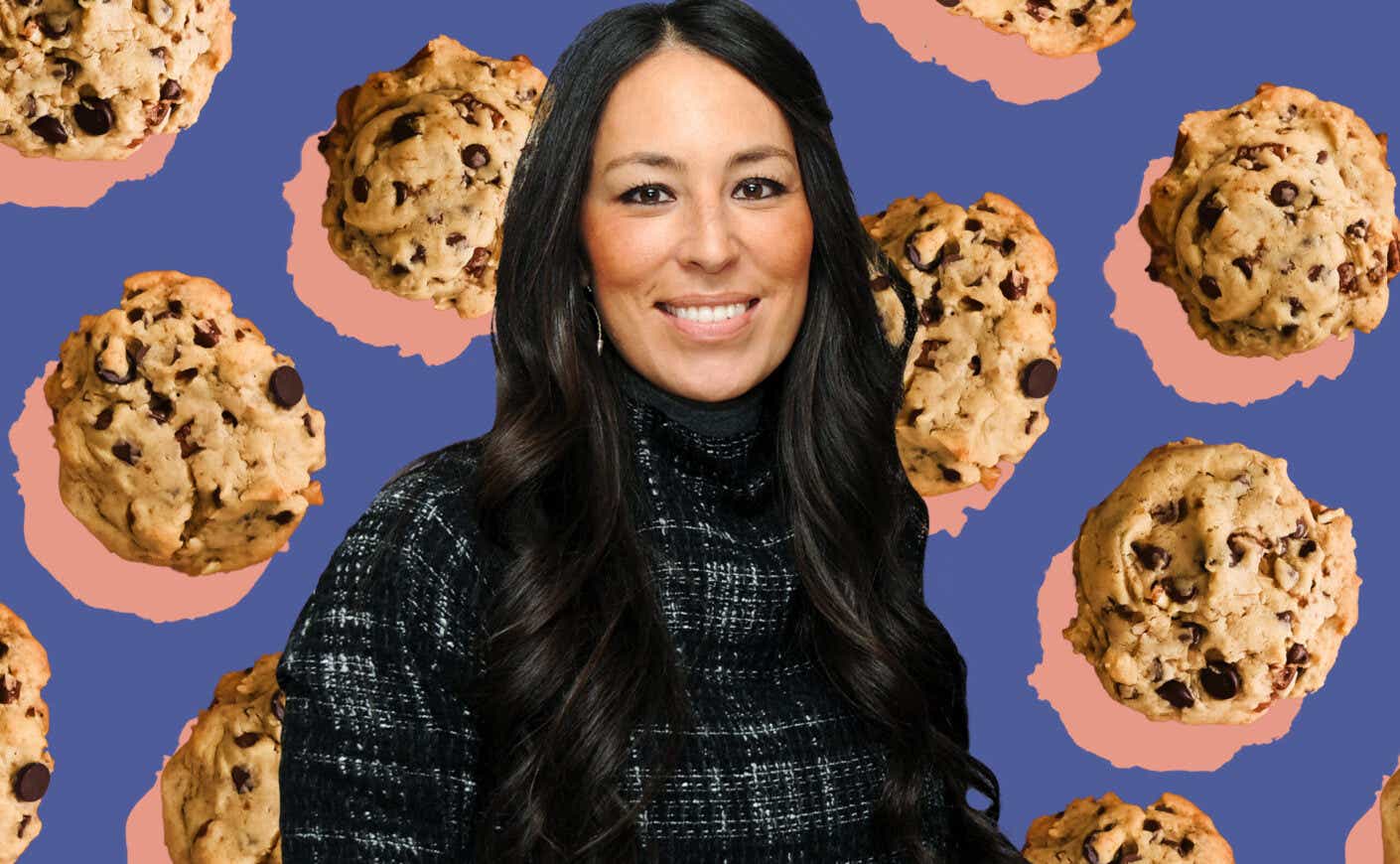 Joanna Gaines' smiles as a collage of cookies floats behind her head.