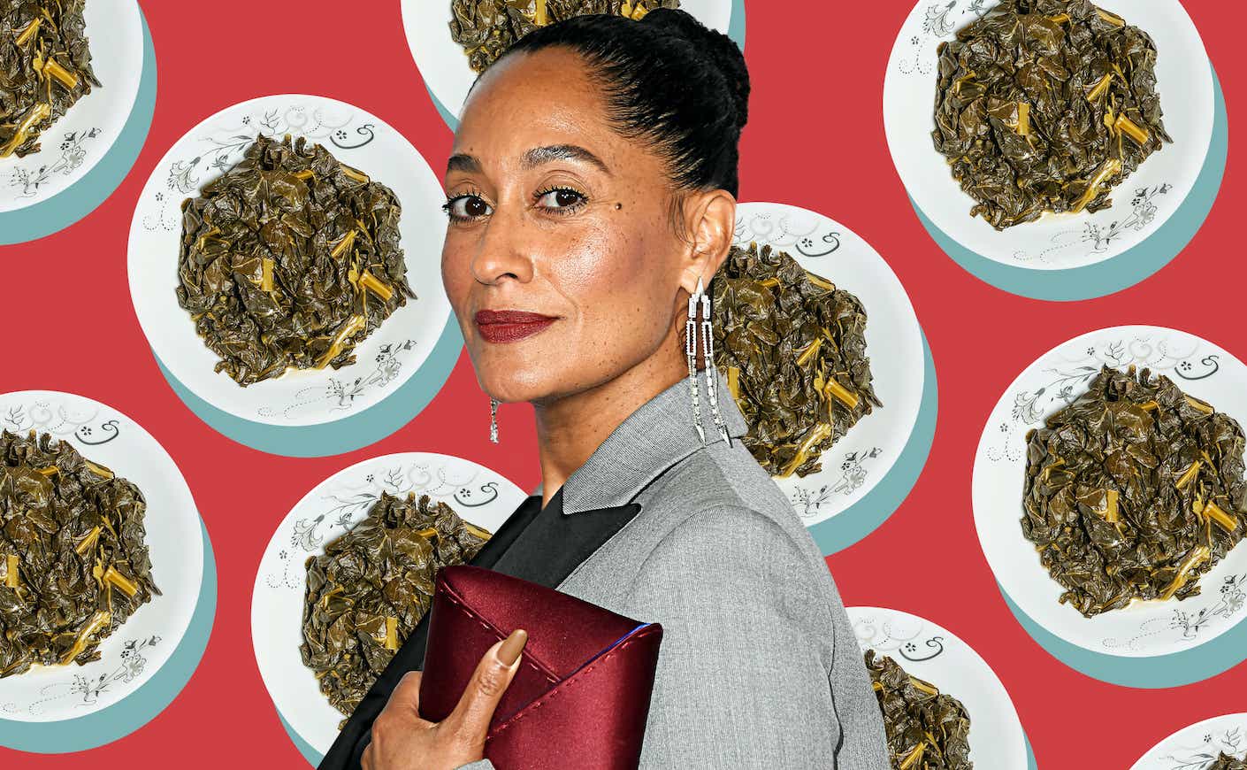 Tracee Ellis Ross smiles while a collage of collard greens floats behind her head.