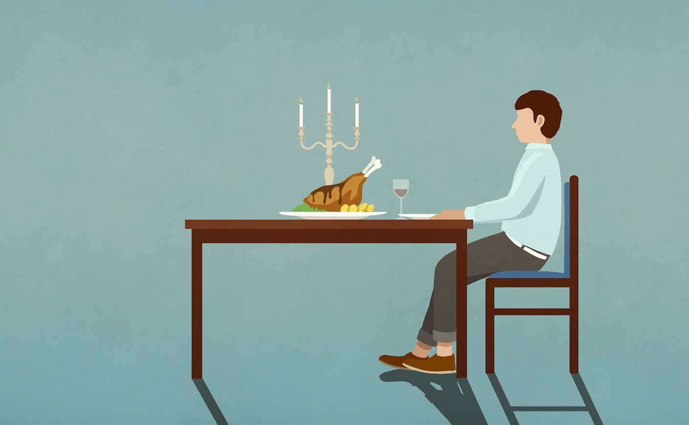 illustration of a man sitting at a dinner table alone