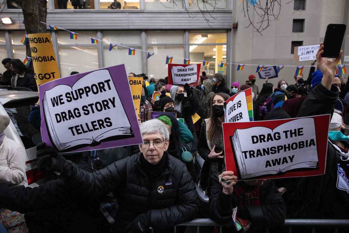 Demonstrators gather for a protest in support of the Drag Story Hour outside the Queens Public Library on December 29, 2022 in New York.