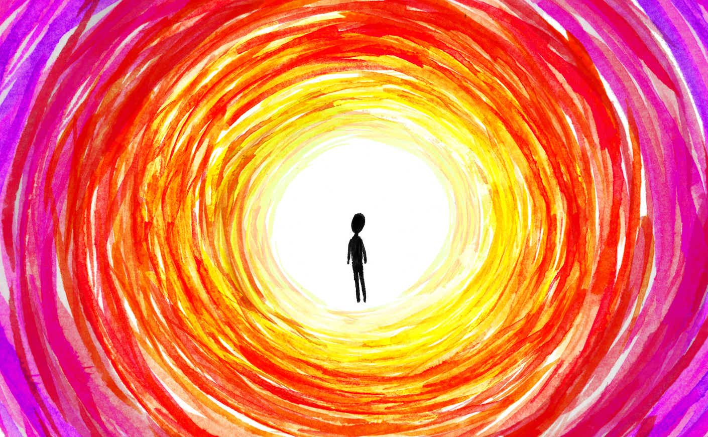 Abstract watercolor illustration of man standing in the end of colorful tunnel