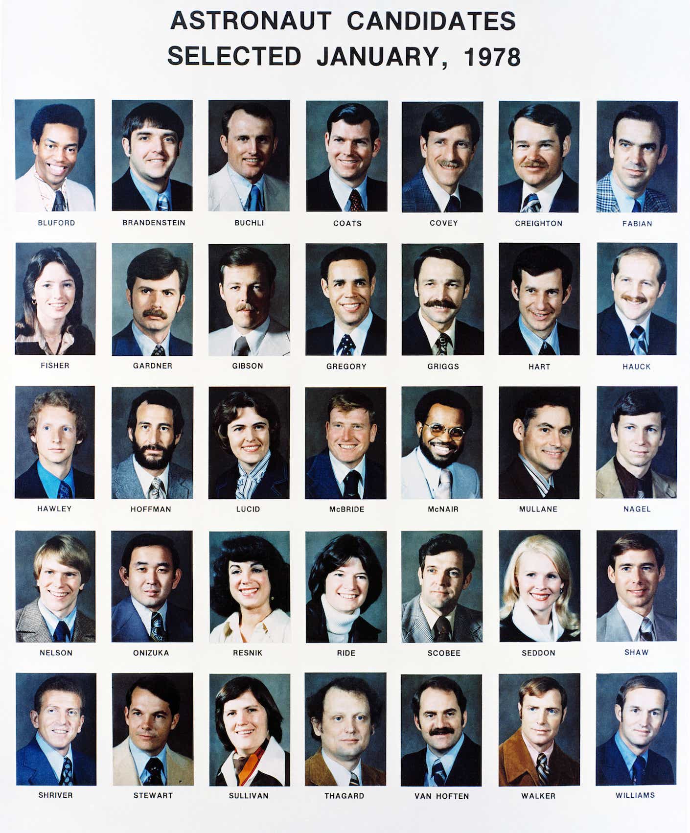 This is a montage of the individual portraits of the 35-member 1978 class of astronaut candidates. 