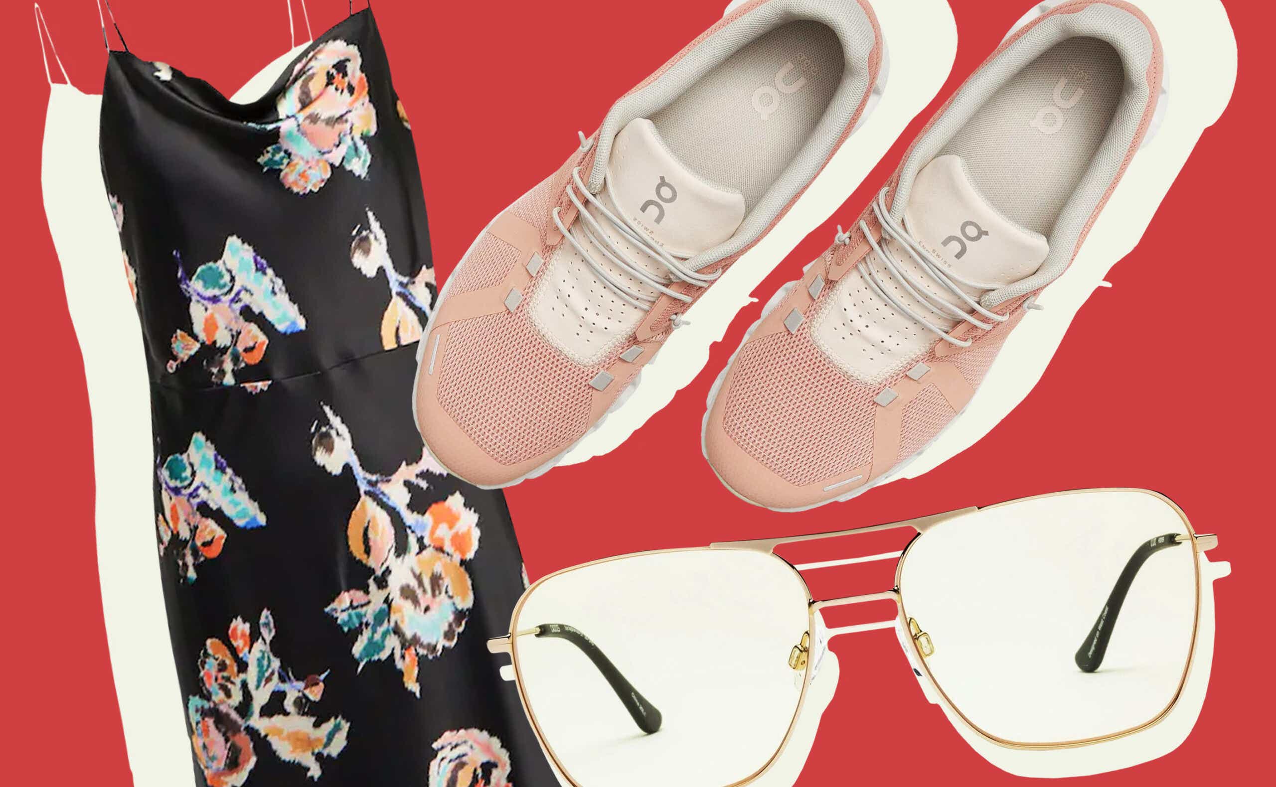floral dress, glasses, sneakers on red background