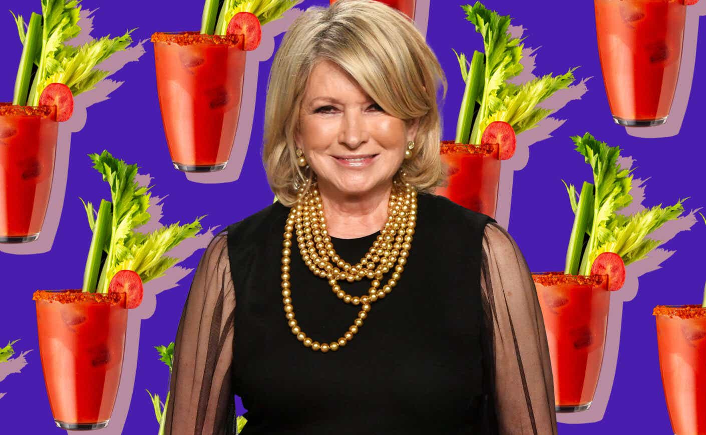 Martha Stewart smiles in front of a collage of bloody marys.