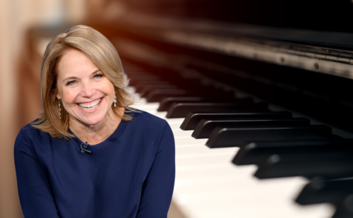 Katie Couric next to a piano