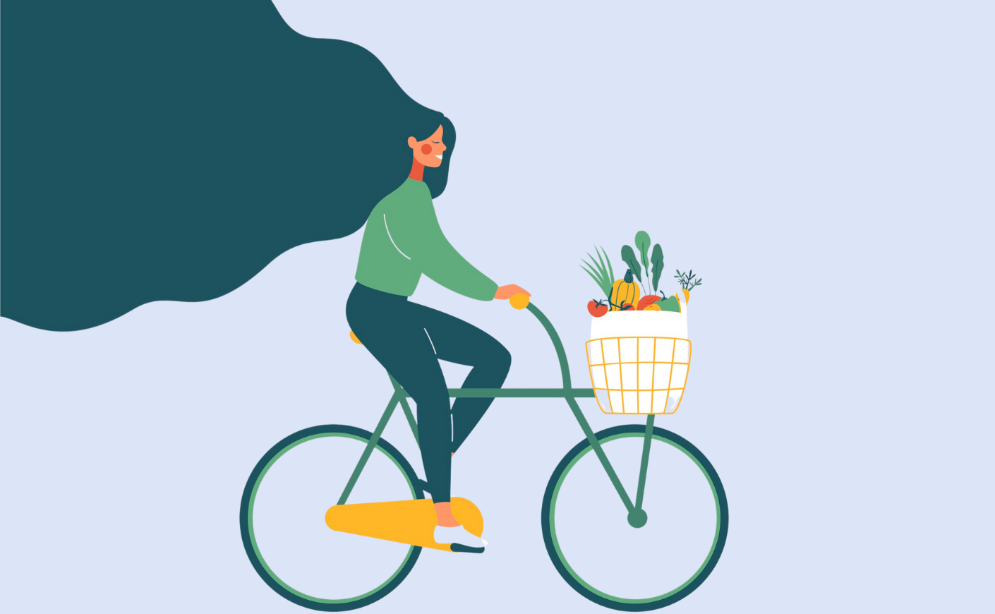 girl riding a bike with a basket of food