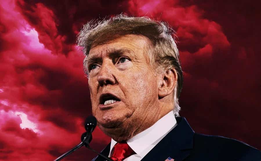 Donald Trump's face in front of red clouds