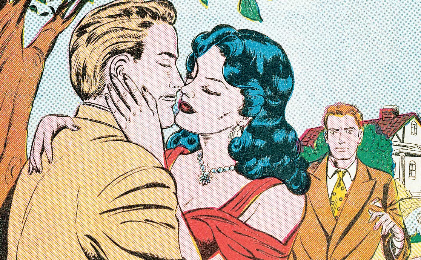 Comic of woman kissing man near a tree while a man behind her sees