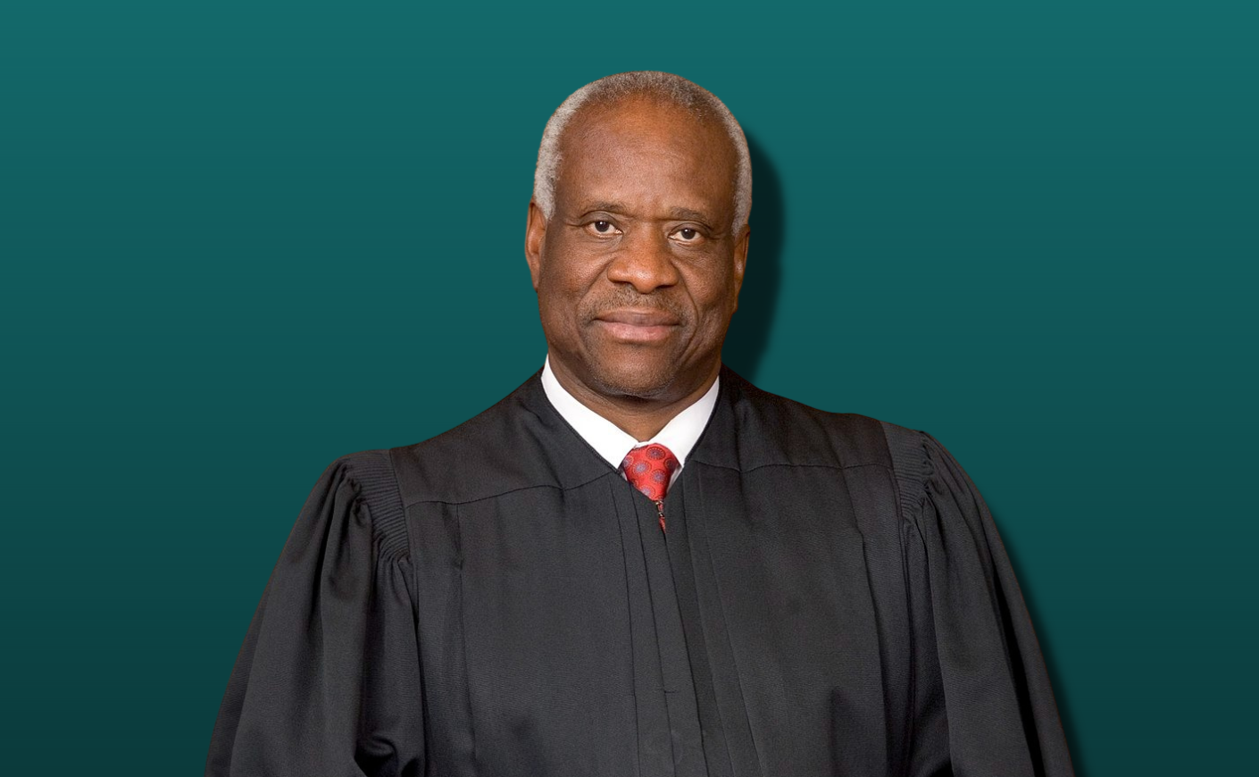 Justice Clarence Thomas on a green background