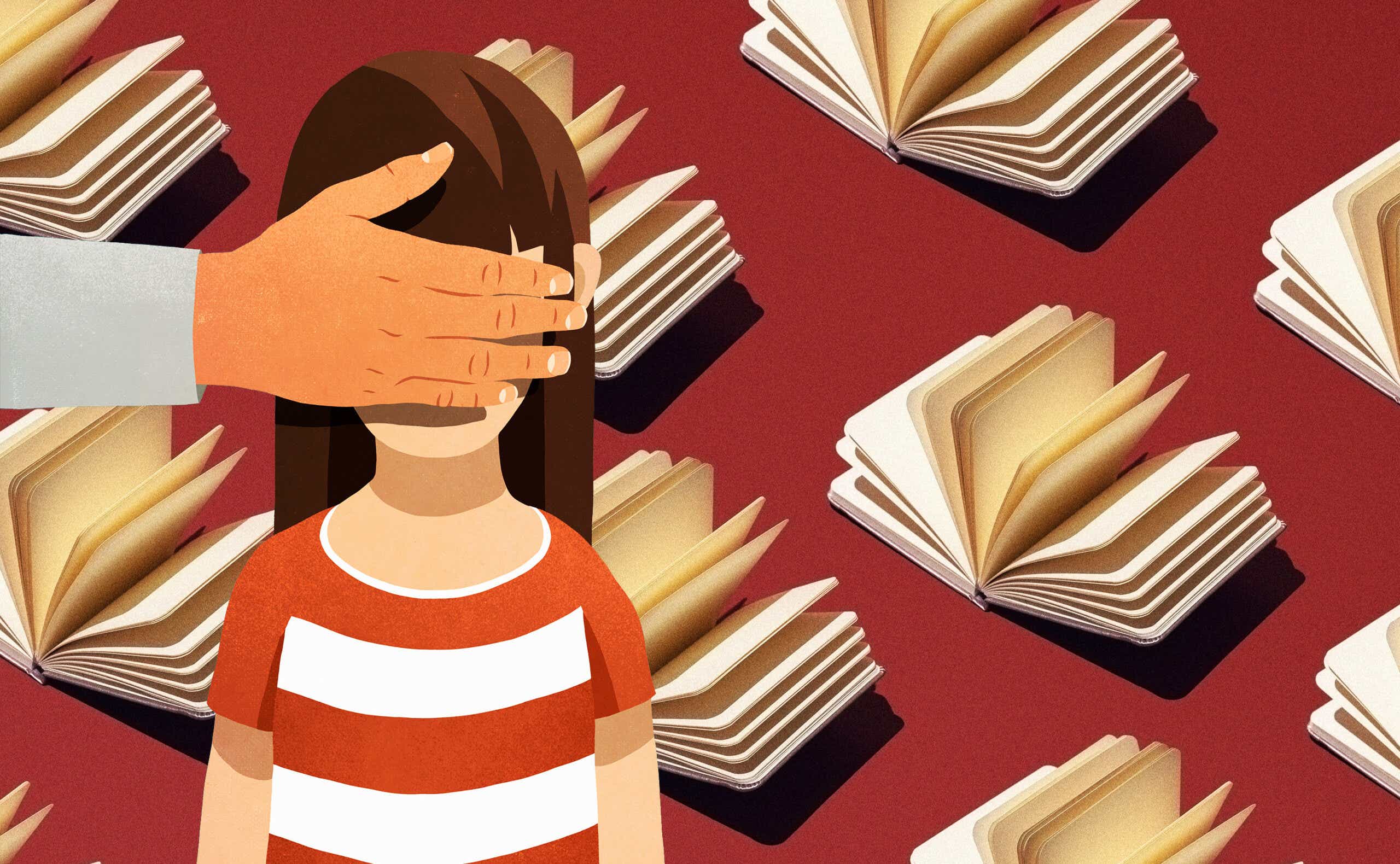 Illustration of an adult hand covering the eyes of a child, over a background of open books