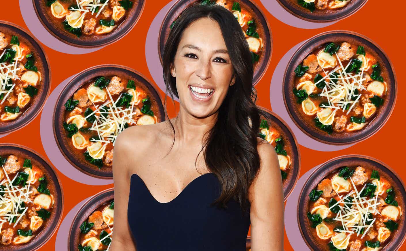 Joanna Gaines in front of a collage of soup