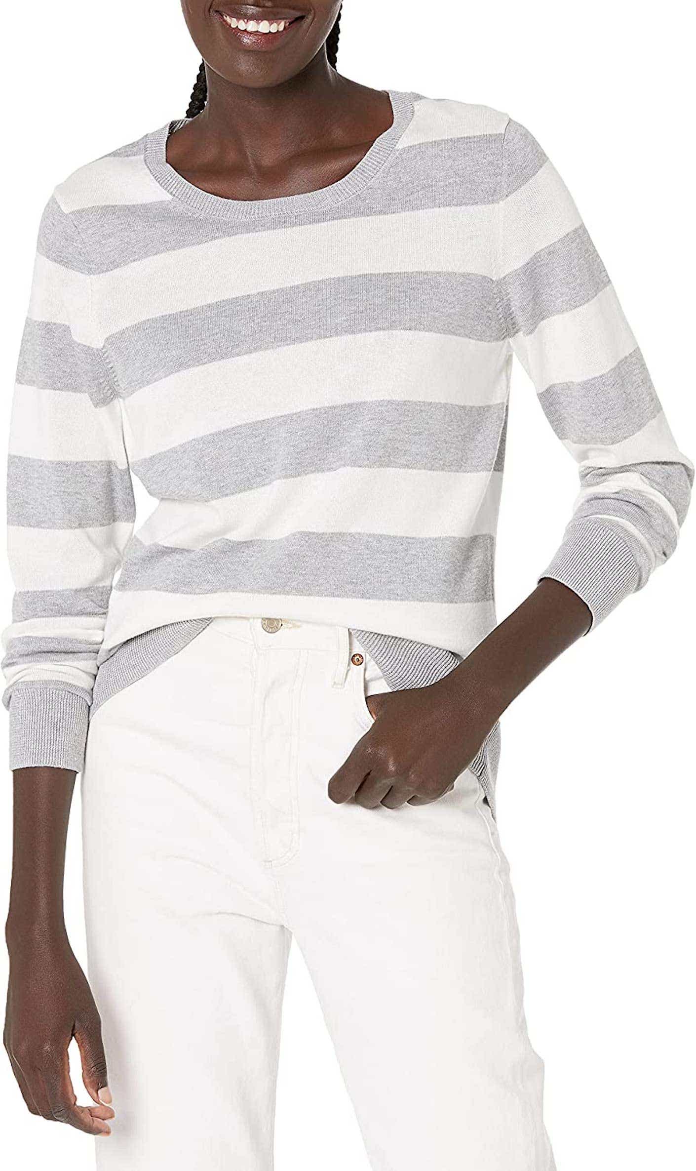 a striped crew neck sweater