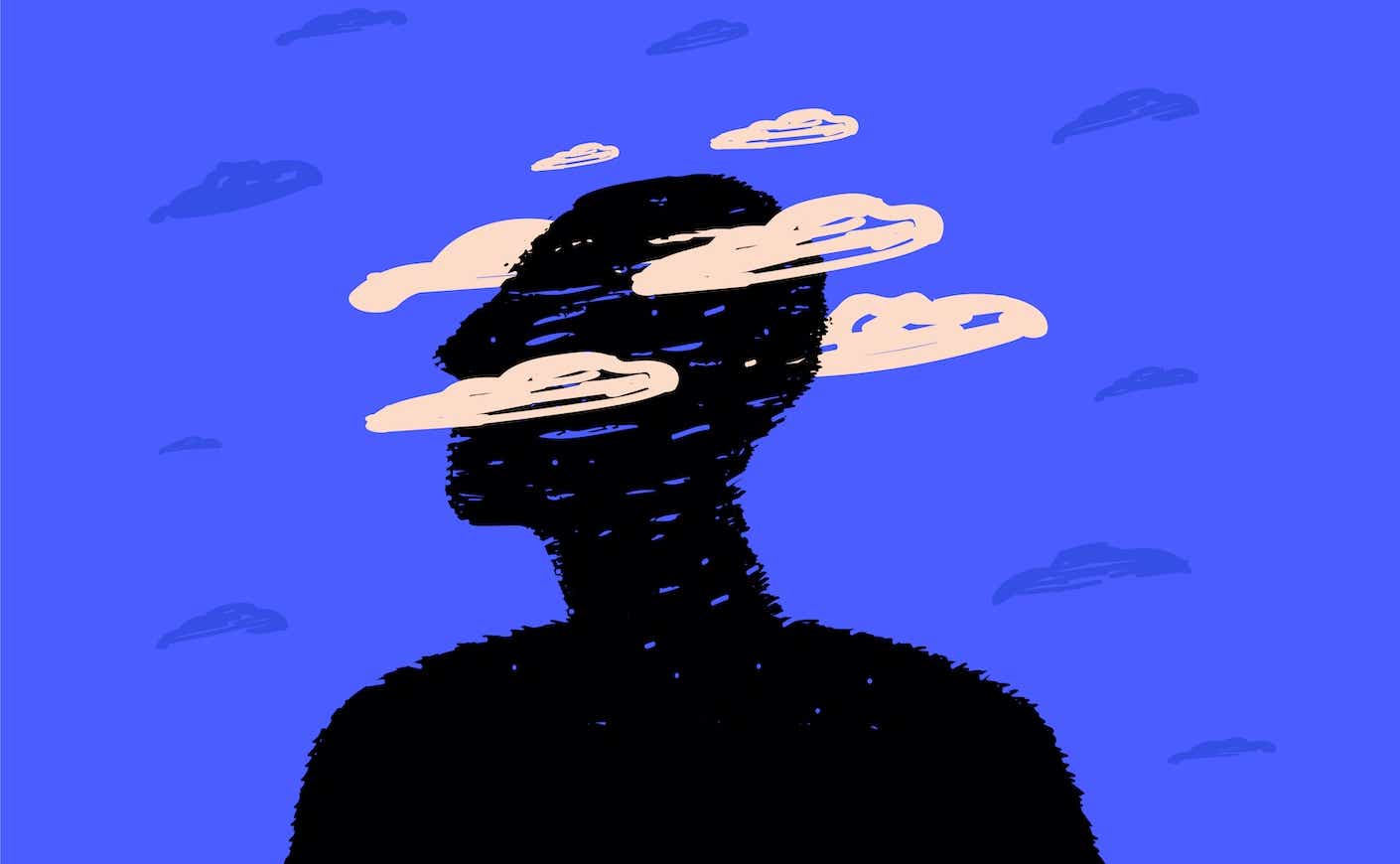 illustration of a silhouette with clouds around the head