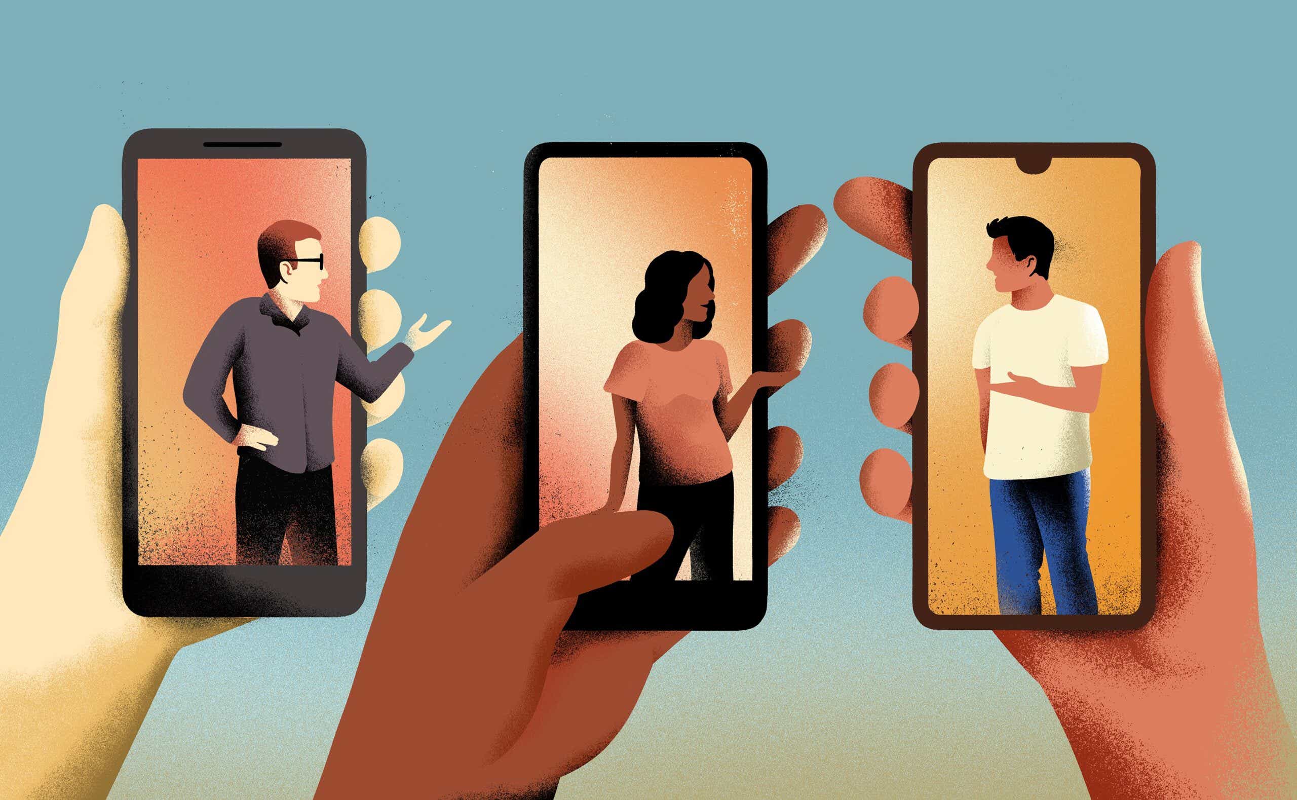 illustration of people holding their phones and interacting