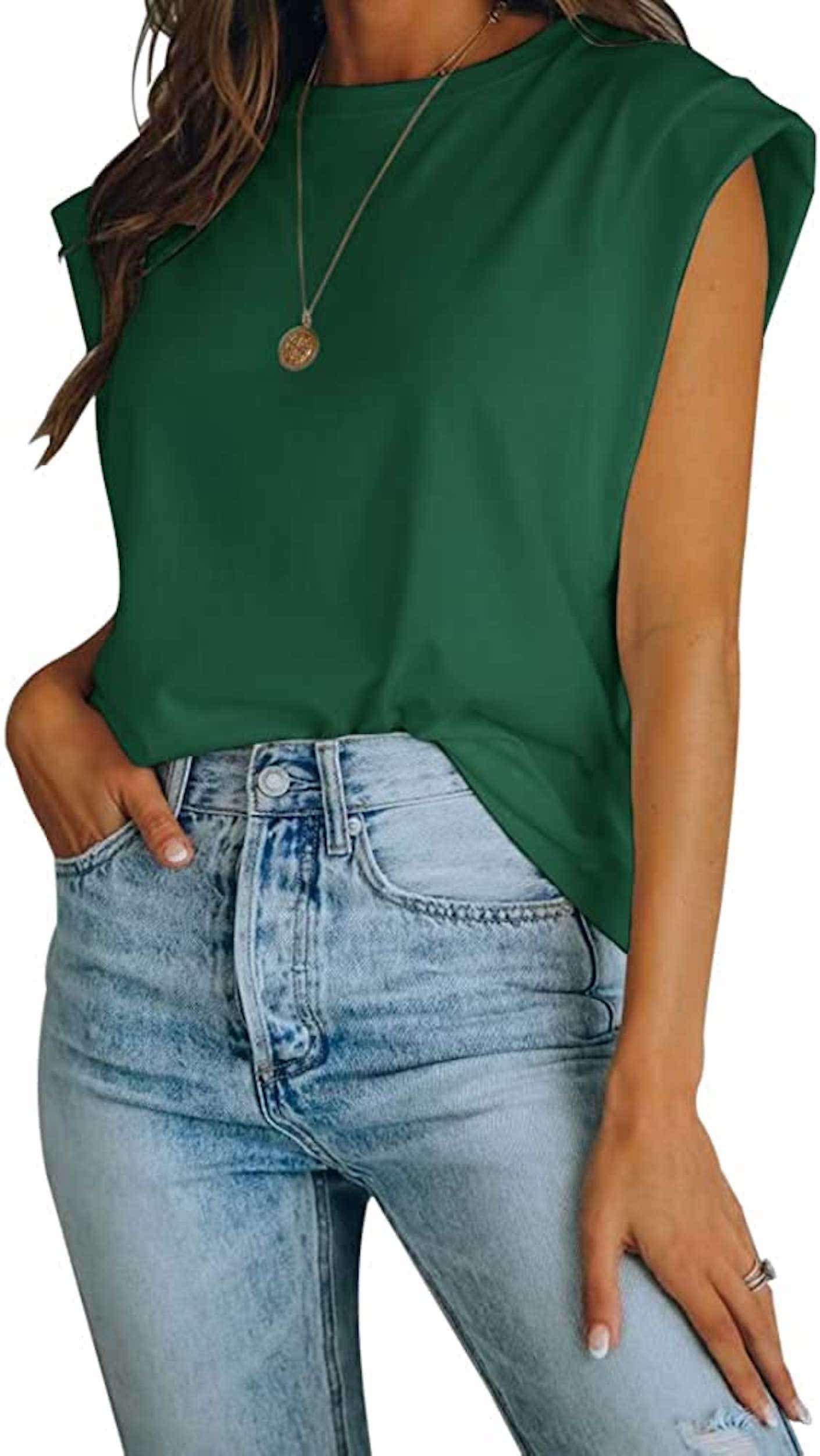 a green sleeveless t shirt