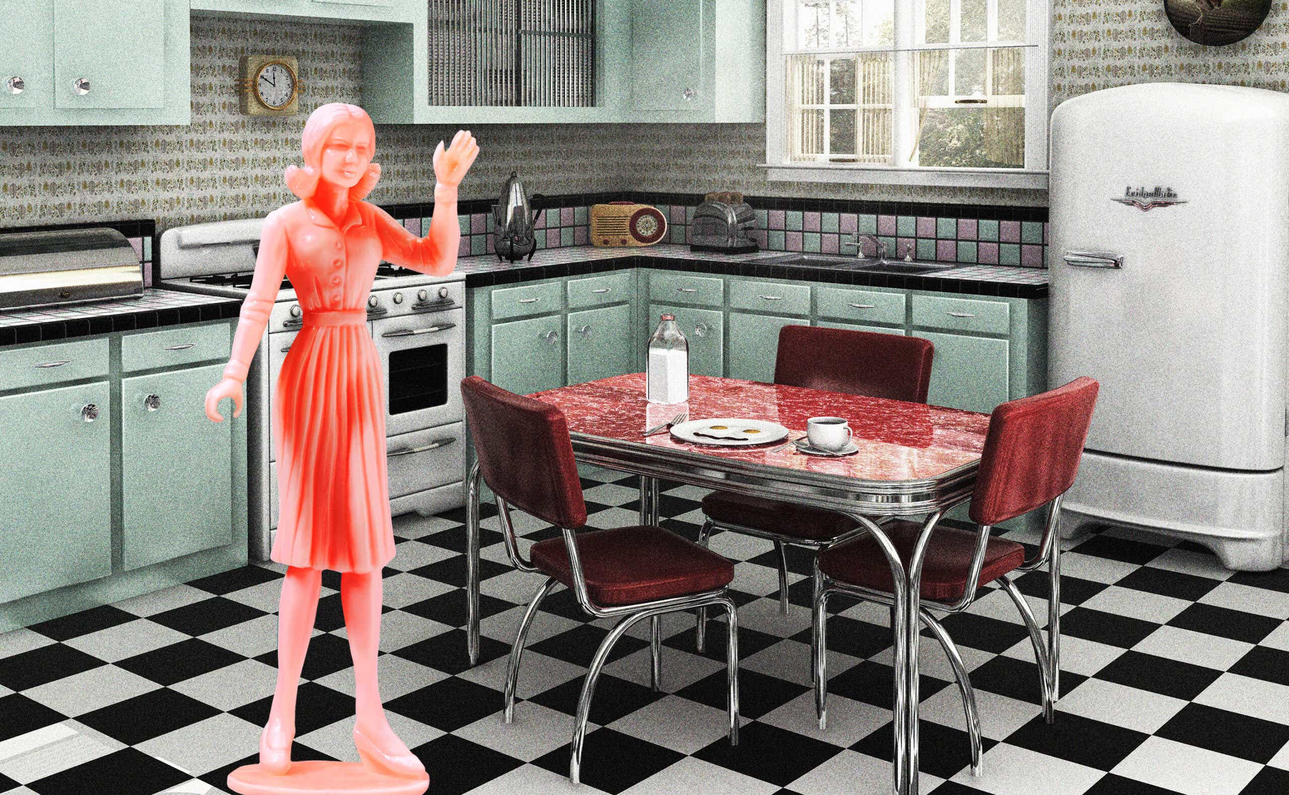 a plastic figurine of a woman in a 1950s kitchen