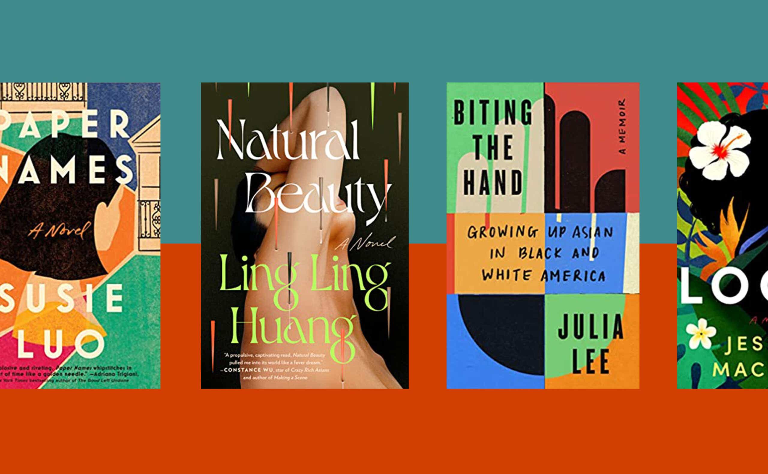Biting the Hand, Natural Beauty, Local, and Paper Names book covers on teal and orange background