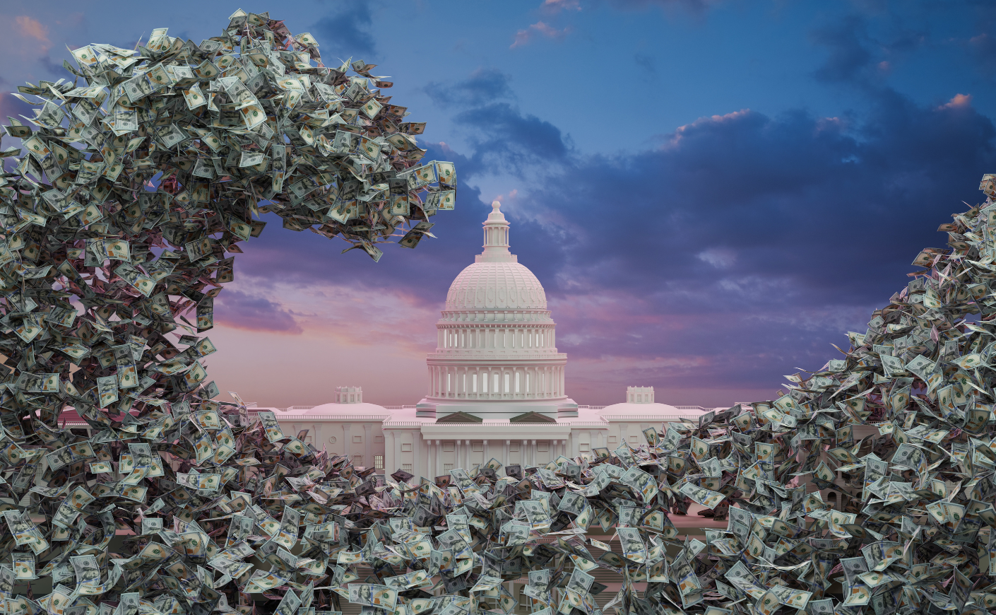Illustration of a tidal wave of money at the US Capitol