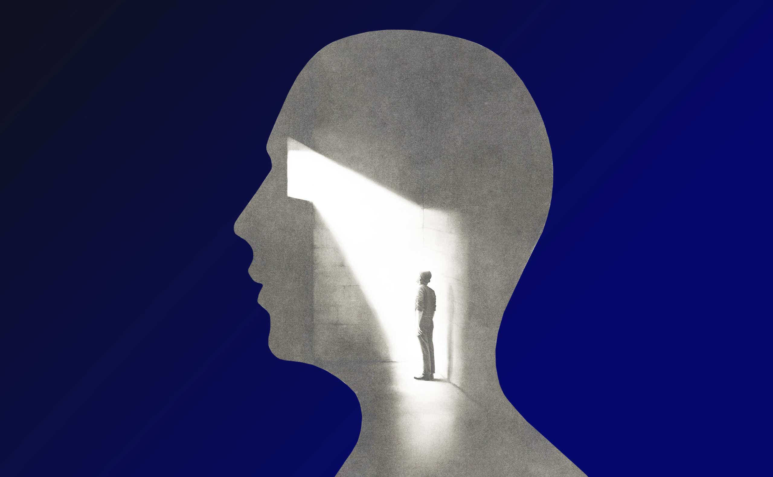a man stands isolated inside a head